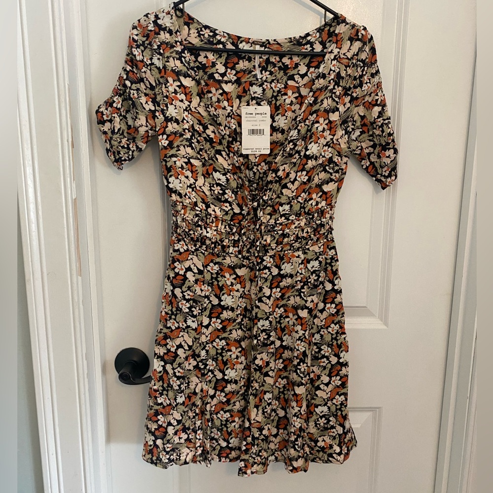 NWT Free People Black Floral Dress with Orange and Cream Blooms
